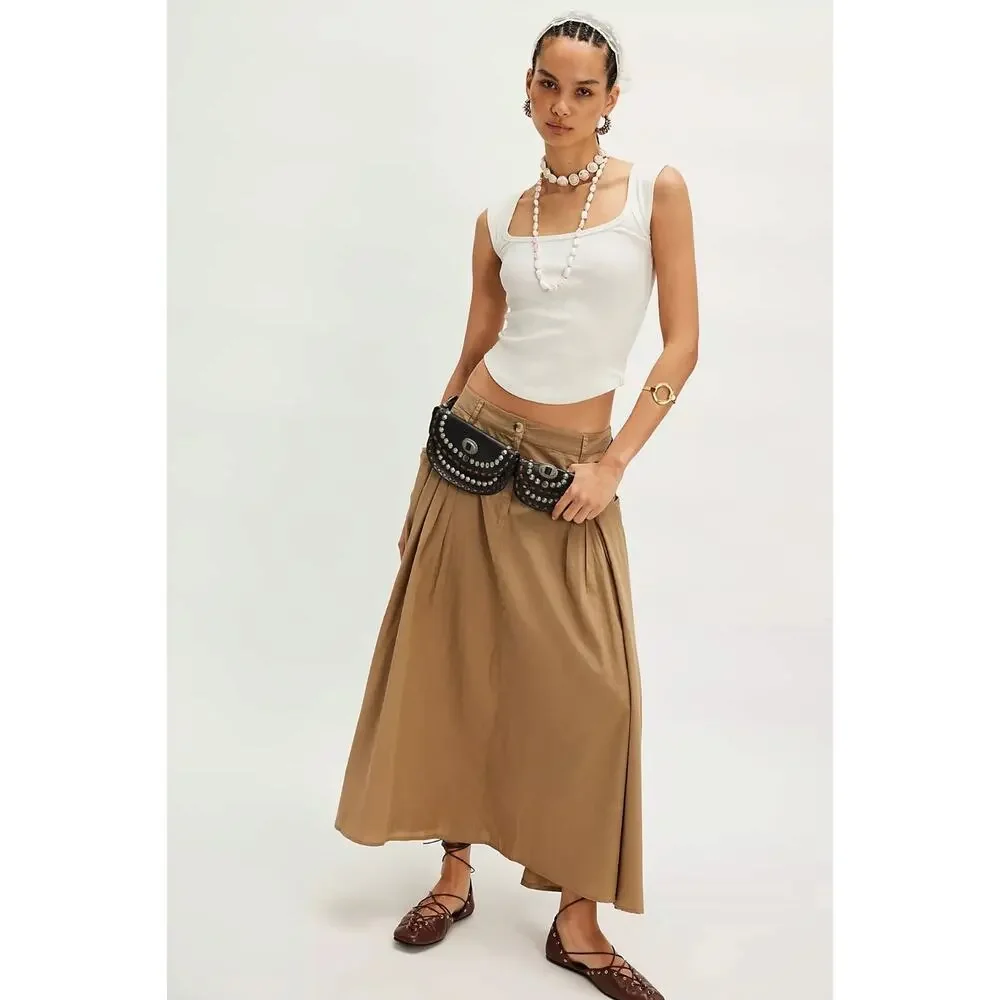 Free People All Around Midi Maxi Full Skirt Olive Tan Khaki Size XL Neutral NWT